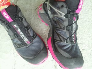 My flashy Salomon trail runners that I finished the trail in.